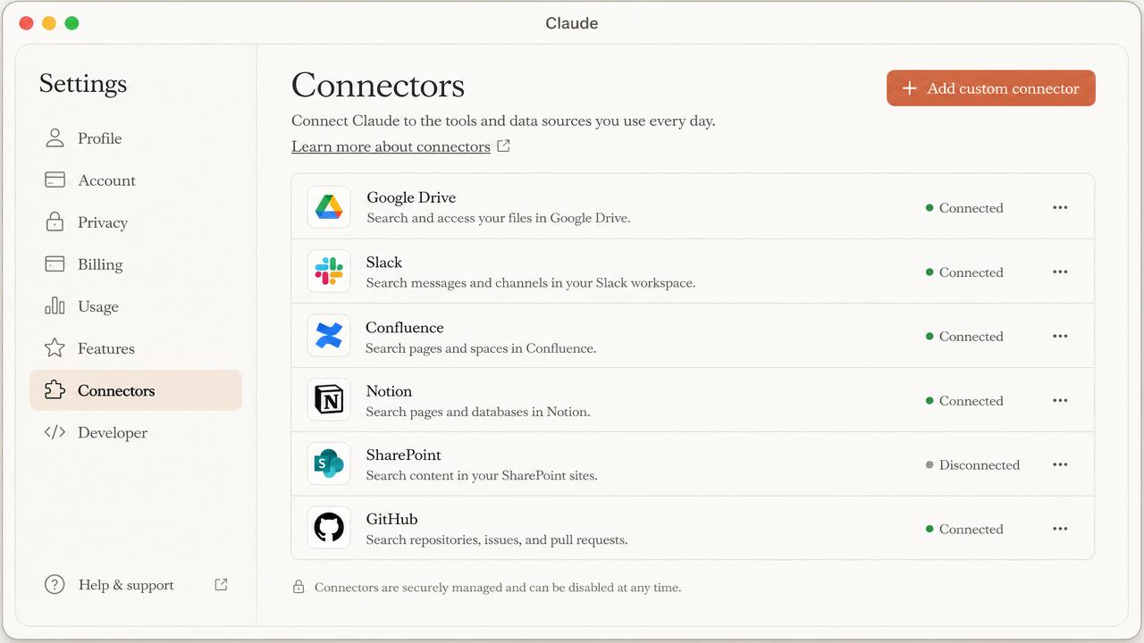 Claude Settings window open on the Connectors tab with the Add custom connector button