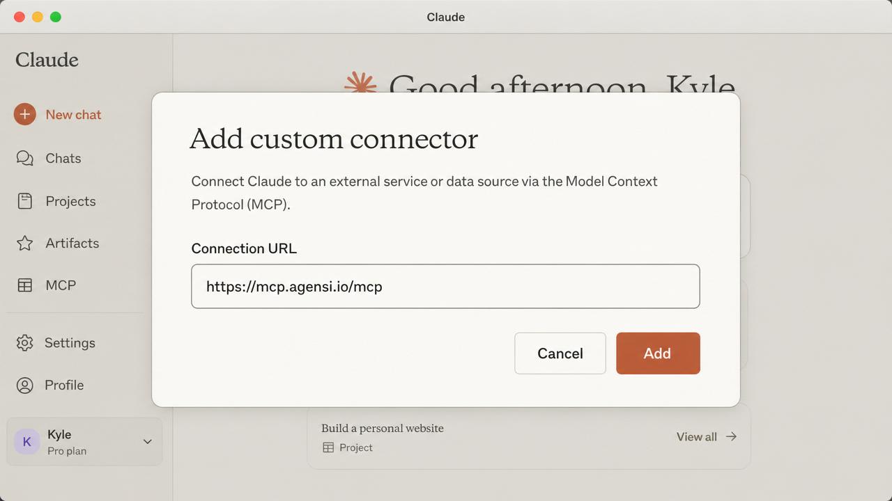 Claude Add custom connector dialog with the Agensi connection URL pasted and the Add button highlighted
