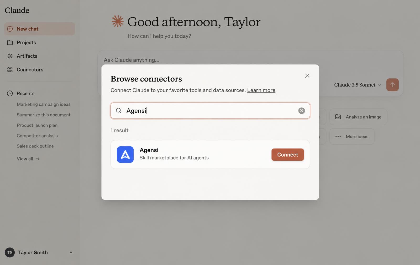 Click Browse connectors, search Agensi, click Connect